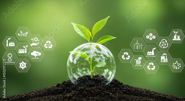 Fototapeta a young sprout grows out of the soil with glowing, environment-related icons hovering around it, symbolizing growth and nature preservation