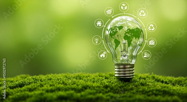 Fototapeta A creative light bulb with a world map inside shows an eco-friendly concept and environment protection 