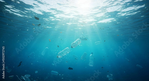 Fototapeta A distressing view of plastic bottles polluting the clear ocean water. The image shows the environmental damage caused by plastic waste, highlighting the urgent need for environmental awareness