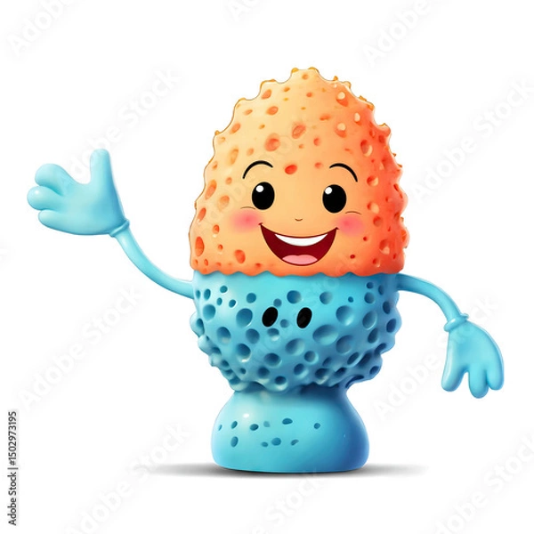 Fototapeta A cheerful cartoon sponge character waves hello. Bright orange and blue colors create a fun, friendly vibe. Perfect for cleaning supplies or children's products.