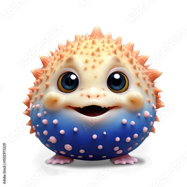 Fototapeta Adorable cartoon pufferfish with big eyes and a cheerful expression. Delightful digital art in warm and cool tones.