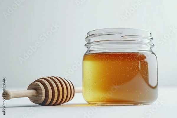 Fototapeta A close up studio shot showcases a glass jar filled with golden honey alongside a wooden dipper against a clean, bright white background creating a simple scene.