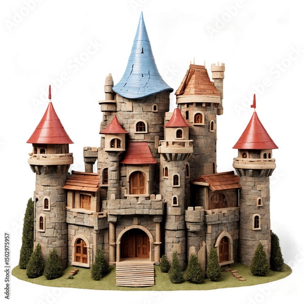 Fototapeta A majestic fairytale castle, rendered in exquisite detail, stands proudly against a dark background. Its stone walls, red-tiled roofs, and a striking blue conical tower create a captivating scene.