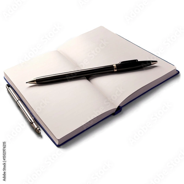 Fototapeta A blank notebook lies open, a pen resting invitingly on its pages. Ready for your ideas to flow.