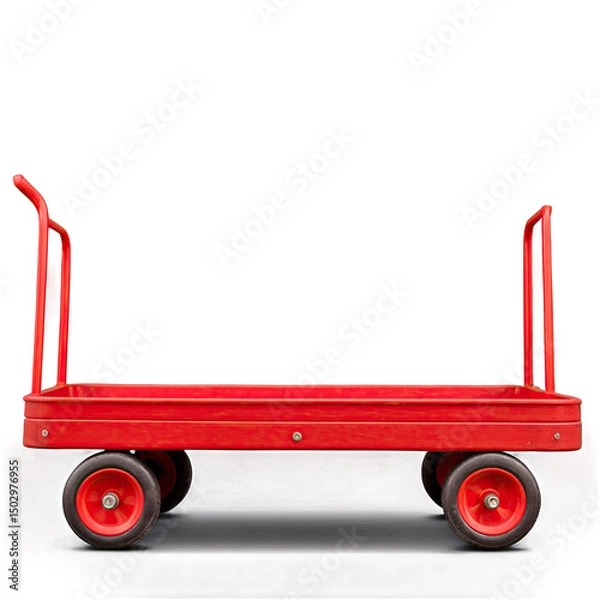 Fototapeta A vibrant red hand truck stands against a stark black background, showcasing its simple yet sturdy design. The bright color contrasts sharply with the darkness, making it a striking image.