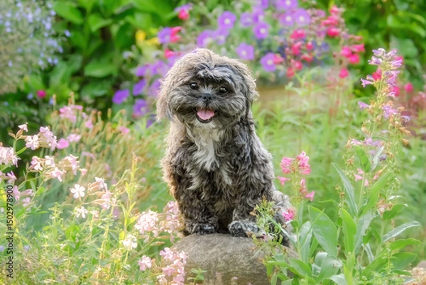 Fototapeta A cute Shih Tzu, a happy smiling dog posing on a rock admist colorful flowers in a garden