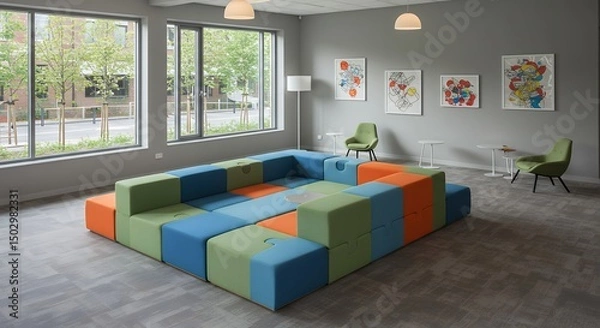 Fototapeta Colorful modular seating arrangement in modern interior space