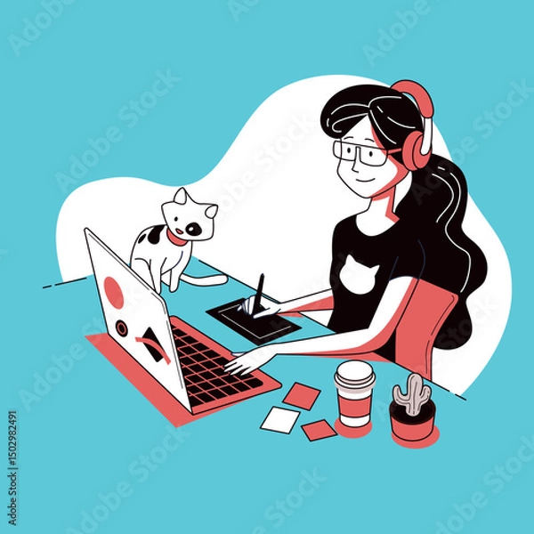 Fototapeta Funny cartoon vector illustration of a business woman with a laptop in a cafe