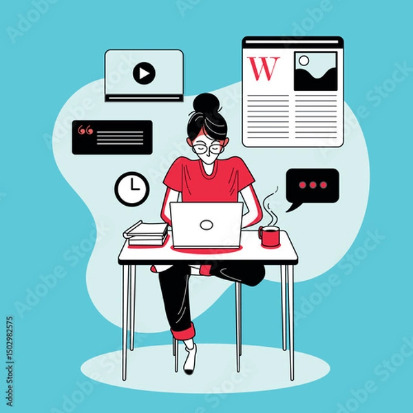 Fototapeta Vector illustration of a business person with a laptop, suitable for office communication and technology concepts