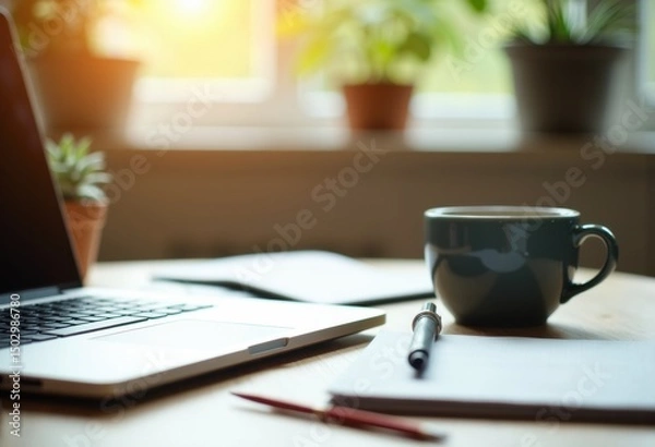 Obraz Workspace with a laptop, coffee mug, pen, and papers near a window with potted plants
