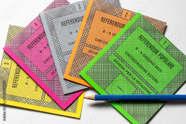 Fototapeta Colored ballot slips for the five questions of 2025 Italian popular referendum, officially Abrogative Referendums in Italy, with pencil on a white background