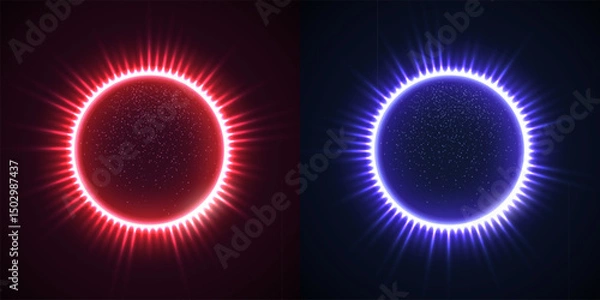 Fototapeta Solar eclipse with lights flares. Sun eclipse with glowing red and blue corona and radiant light flares in space. Darkened planet with bright shine. Abstract vector illustrations set.