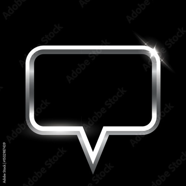 Fototapeta Silver speech bubble frame with shadow on black background. Platinum rectangle square blank space for picture, painting, text, message. 3d tube template vector illustration. Simple object mockup.