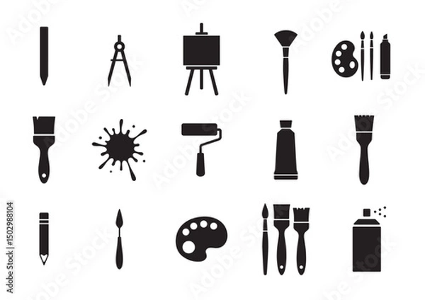 Obraz Painting or art drawing silhouette design bundle, set of artwork logo icon, brush, paint tube, colour, canvas clip art symbol
