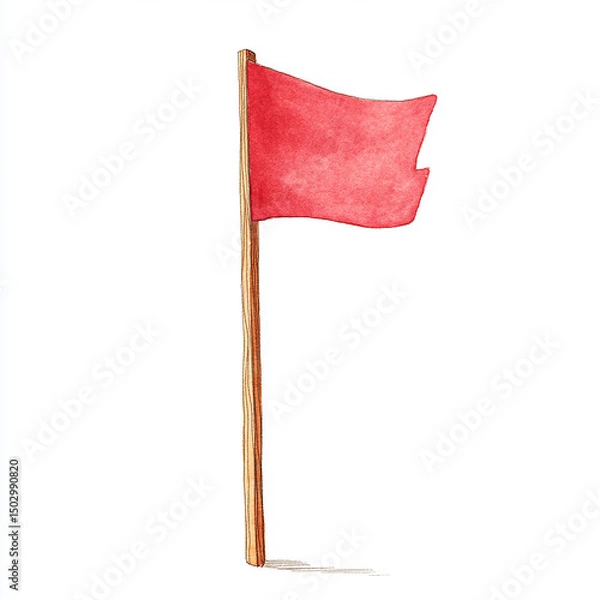 Fototapeta Simple Red Flag on a Tall Wooden Pole a Clear Marker or Signal Against a Plain White Background