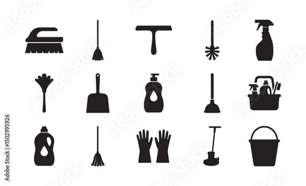 Obraz set of home cleaning tools or items black silhouette design, mop broom bucket laundry bundle logo icon