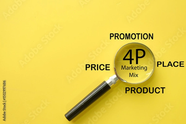 Obraz Magnifying glass focusing on 4P Marketing Mix: Product, Price, Place, Promotion.concept for market analysis,Strategic business planning,market research,business development.