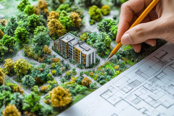 Obraz Urban planning sustainable city design green architecture hand drawing skyscrapers. Architect designing modern high-rise residential building area model.	