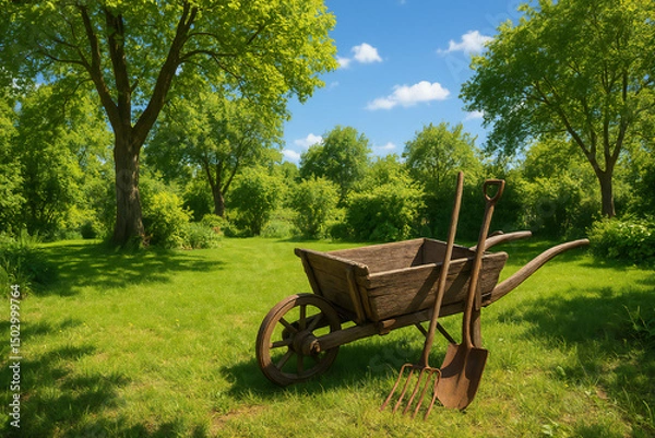 Obraz A rustic wooden wheelbarrow stands on lush green grass under a clear blue sky, surrounded by trees and a peaceful garden environment, representing the beauty of nature.