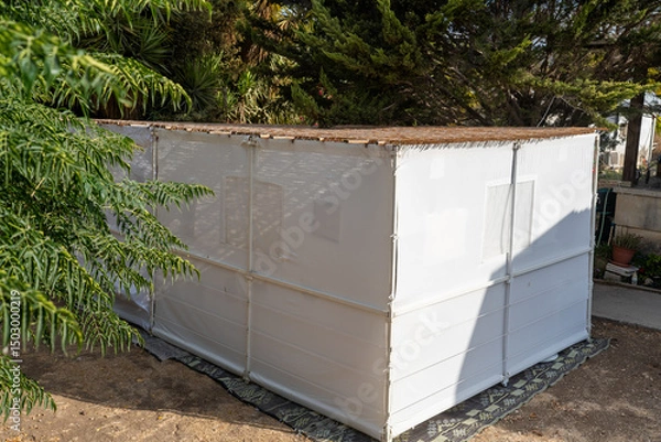 Obraz A temporary sukkah stands in a lush backyard, covered with natural materials. The white walls create an inviting space for family and friends during Sukkot festivities.