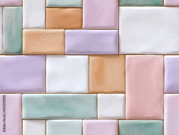 Fototapeta Colorful seamless pattern of glossy tiles in various pastel shades, featuring a harmonious arrangement of rectangles and squares, ideal for backgrounds and textile designs