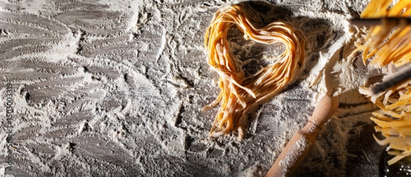 Obraz Heart shaped noodles on floured kitchen table top view cooking background with copy-space