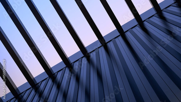 Obraz Wall of building, modern architecture with metal elements, building with transparent ceiling, sky view. Modern house, office, building, with metal wall and open sky,wallpaper. 3D render