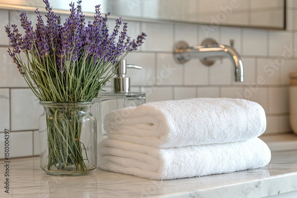 Obraz Elegant Bathroom Scene. Decorative lavender in a glass jar and neatly folded white towels in a modern bathroom setting.