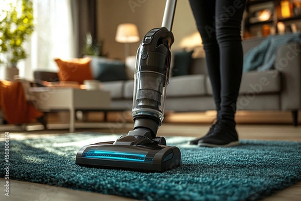 Obraz Person Operating Vacuum Cleaner on Living Room Carpet in Modern Home. A cozy and clean space is highlighted with warm décor and natural light.