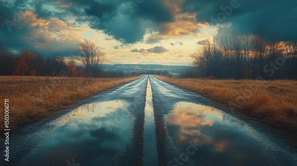 Obraz Road stretching into the horizon under a dramatic sky, with puddles reflecting warm twilight hues. The serene atmosphere enhances the landscape's tranquil yet dynamic beauty, perfect for travel theme