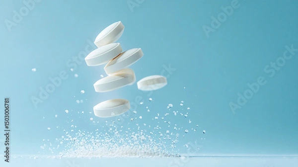 Obraz White Pills Floating in Air with Scattered Powder on Blue Background With Copy Space. Ideal for medical or health-themed visuals.
