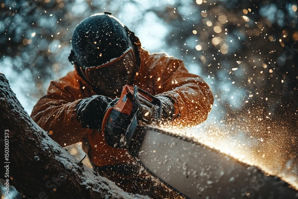 Obraz Worker in Protective Gear Operating Chainsaw Amid Flying Sawdust and Snowy Backdrop Outdoors