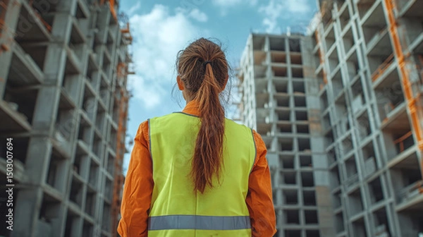 Obraz A lone woman in reflective clothing oversees the progress of building constructions under a vibrant sky.