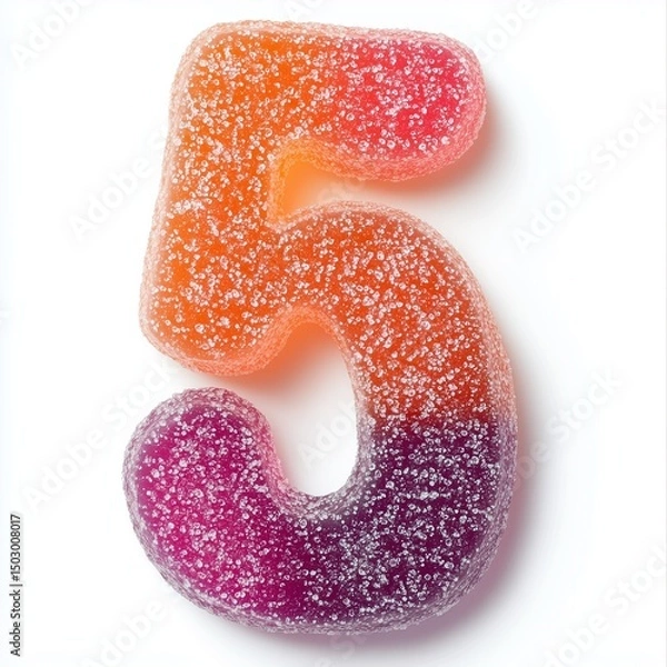 Fototapeta Gummy candy number 5 shape with sprinkle of sugar, isolated white