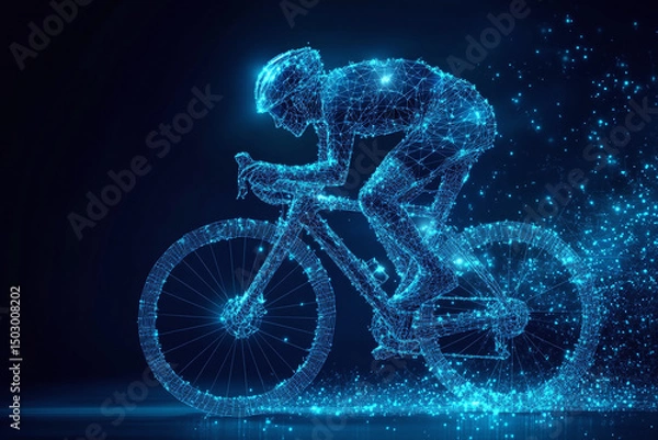 Obraz Digital sports technology concept of glowing blue wireframe of a cyclist pedaling bicycle in neon blue light	