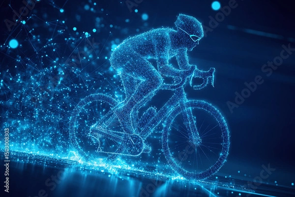 Obraz Digital sports technology concept of glowing blue wireframe of a cyclist pedaling bicycle in neon blue light	