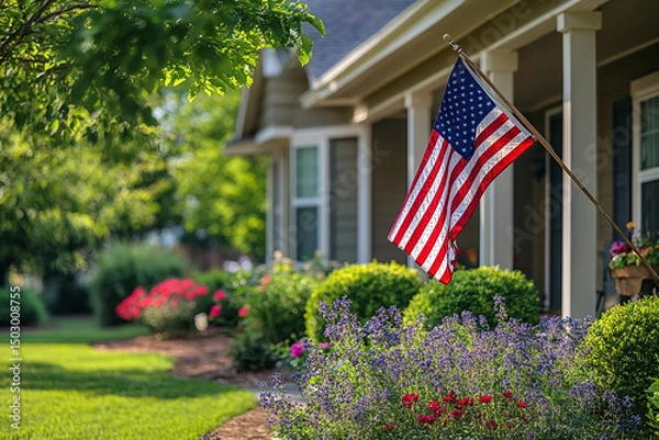 Obraz Gray house with porch and American flag, surrounded by a green lawn and autumn trees, representing a serene and patriotic residential scene.