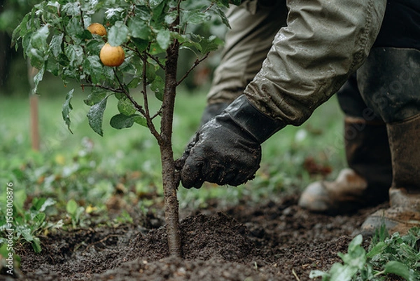 Obraz A man is seen planting a small sapling in a community garden, signifying environmental care and sustainability, against a backdrop of an urban setting.	