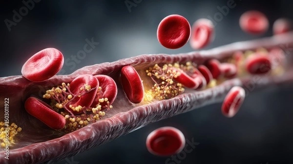 Obraz Heart Artery Blockage, Close-up view of red blood cells flowing through a blood vessel with a detailed background.