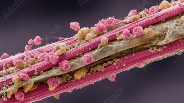 Obraz Detailed scientific rendering showing buildup of arterial plaque and lipid deposits, visualizing heart artery blockage due to hypertension.
