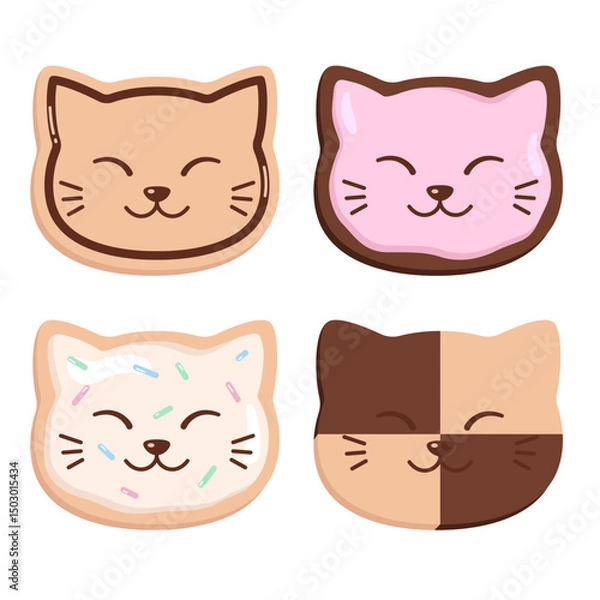 Fototapeta Biscuits in a shape of cat heads, cute funny smiling cat faces, kawaii cartoon style vector drawings