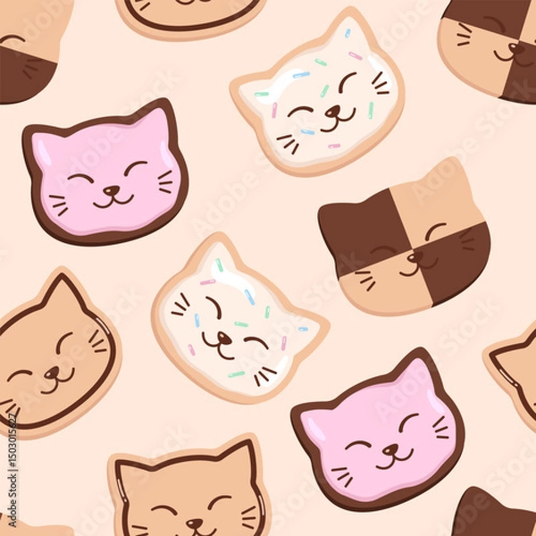 Fototapeta Biscuits in a shape of cat heads seamless pattern, background. Cute funny smiling cat faces, kawaii cartoon style vector drawings