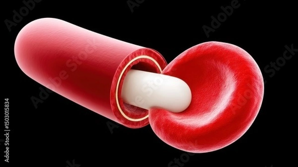 Obraz Pathology of Hypertension, 3D rendering of a capsule with a red exterior and white interior, symbolizing pharmaceuticals or health.