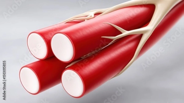 Obraz Scientific rendering showing bundled muscle fibers with connected nerves, highlighting structural anatomy relevant to hypertension and circulation.
