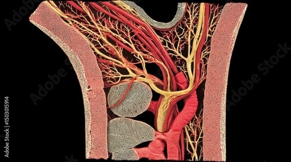 Obraz Detailed anatomical cross-section highlighting arteries, veins, and tissue structure, illustrating vascular complexity impacted by chronic hypertension.
