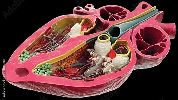 Obraz Pathology of Hypertension, Anatomical illustration of a human heart, showcasing internal structures and blood flow.