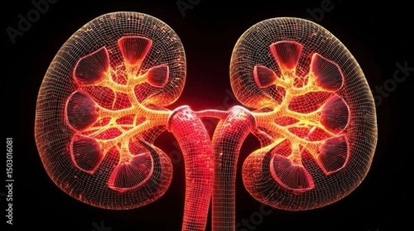 Obraz Pathology of Hypertension, Visual representation of human kidneys with intricate, glowing patterns highlighting their structure.