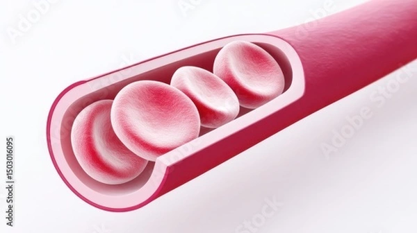 Obraz Pathology of Hypertension, Cross-section of a blood vessel showing red blood cells inside.