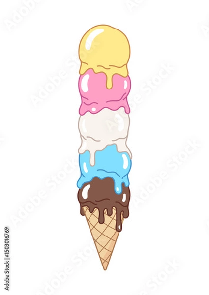 Fototapeta Funny ice cream cone with a pyramid, stack, pile of melting ice cream balls. Cartoon style illustration, drawing