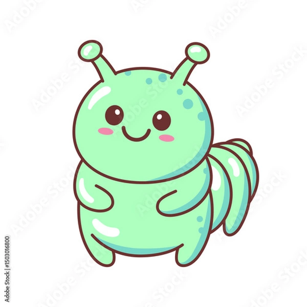 Fototapeta Cute kawaii smiling caterpillar character. Funny kids drawing, vector illustration